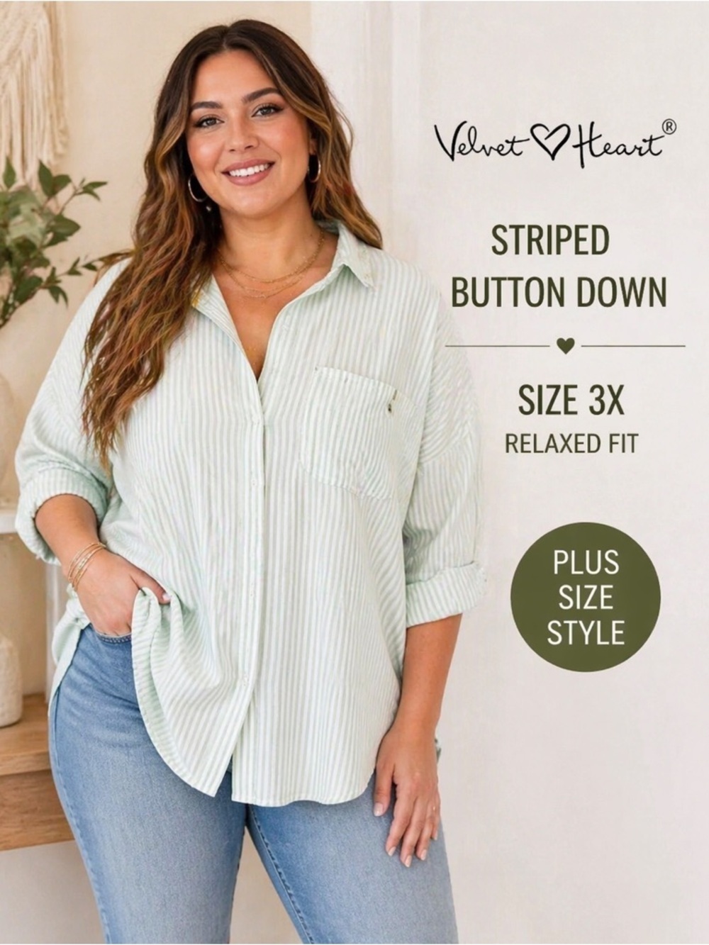 🌿 Velvet Heart Striped Button Down Blouse 3X Relaxed Fit Casual Chic